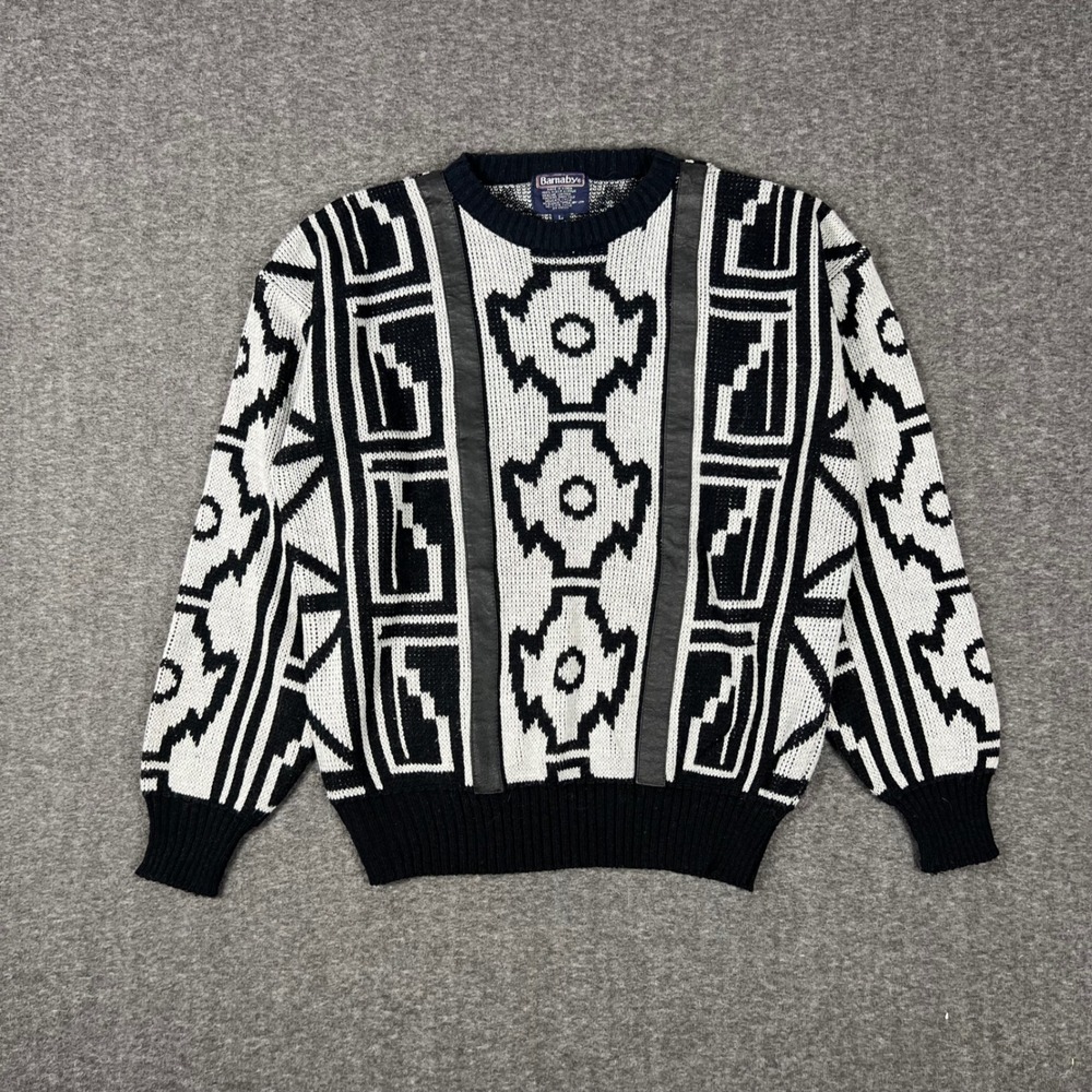 Vintage 80s Barnaby Chunky Intarsia Knit Cosby Sweater Men Large Leather Grandpa